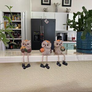 Set of 3 Thanksgiving Figurines, Resin Owl Shelf Sitters with Dangling Legs